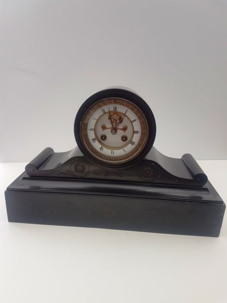 Victorian slate mantel clock with visible escapement